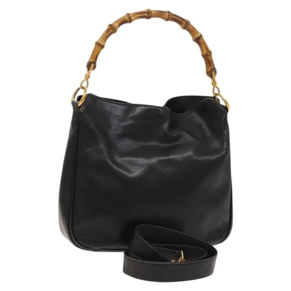 GUCCI Bamboo Shoulder Bag Leather 2way Black Gold - Picture 2 of 16
